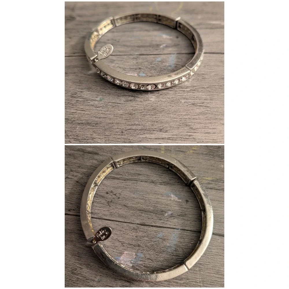 Cookie Lee Silver Tone Rhinestone Stretch Bangle Bracelet Clear Crystal Sparkle